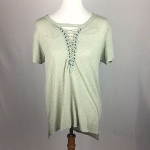Green Stripe Lace Up Tee